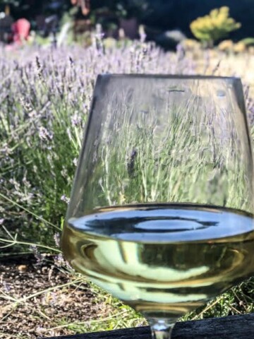 Chardonnay in a glass with lavender bushes