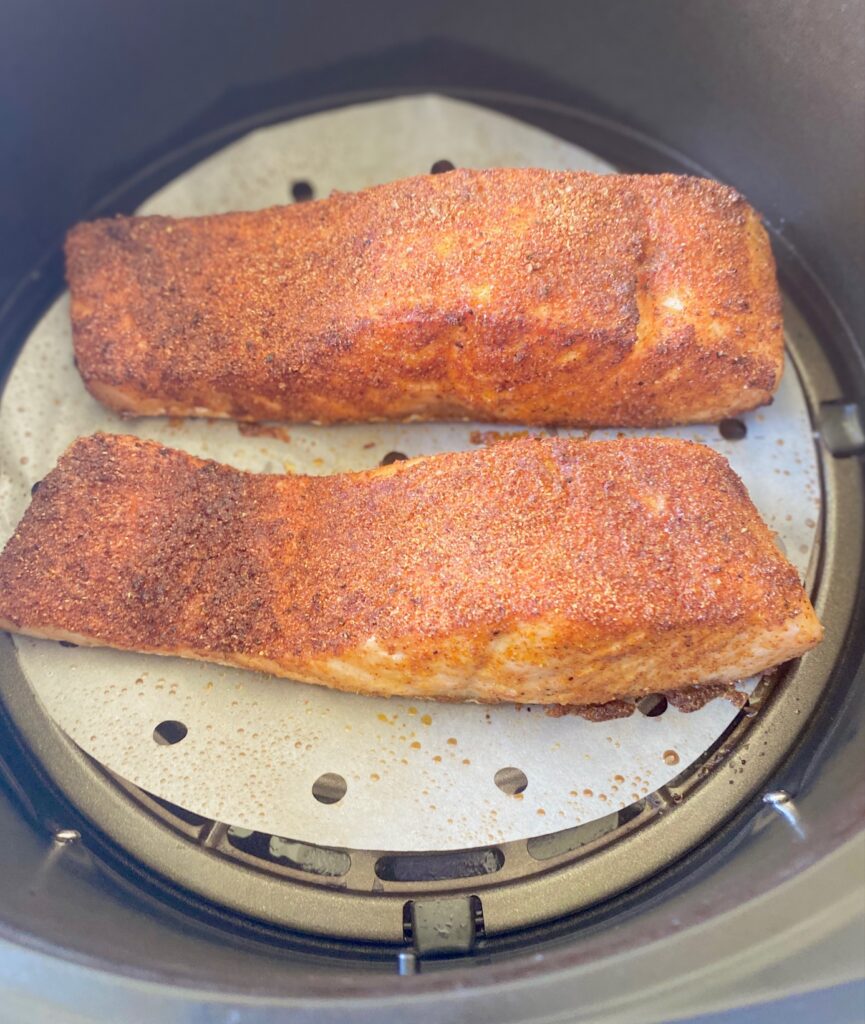 2 cooked pieces of salmon in air fryer