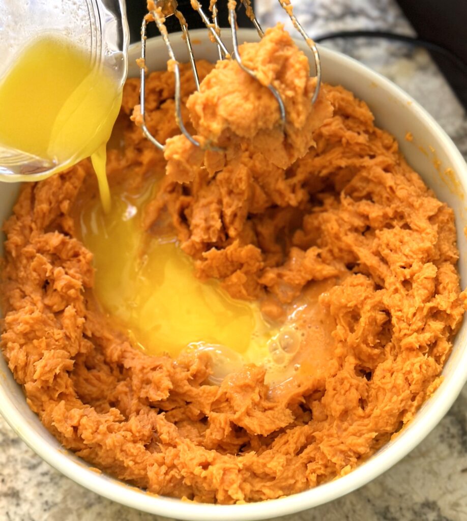 Mix in butter and eggs to sweet potatoes