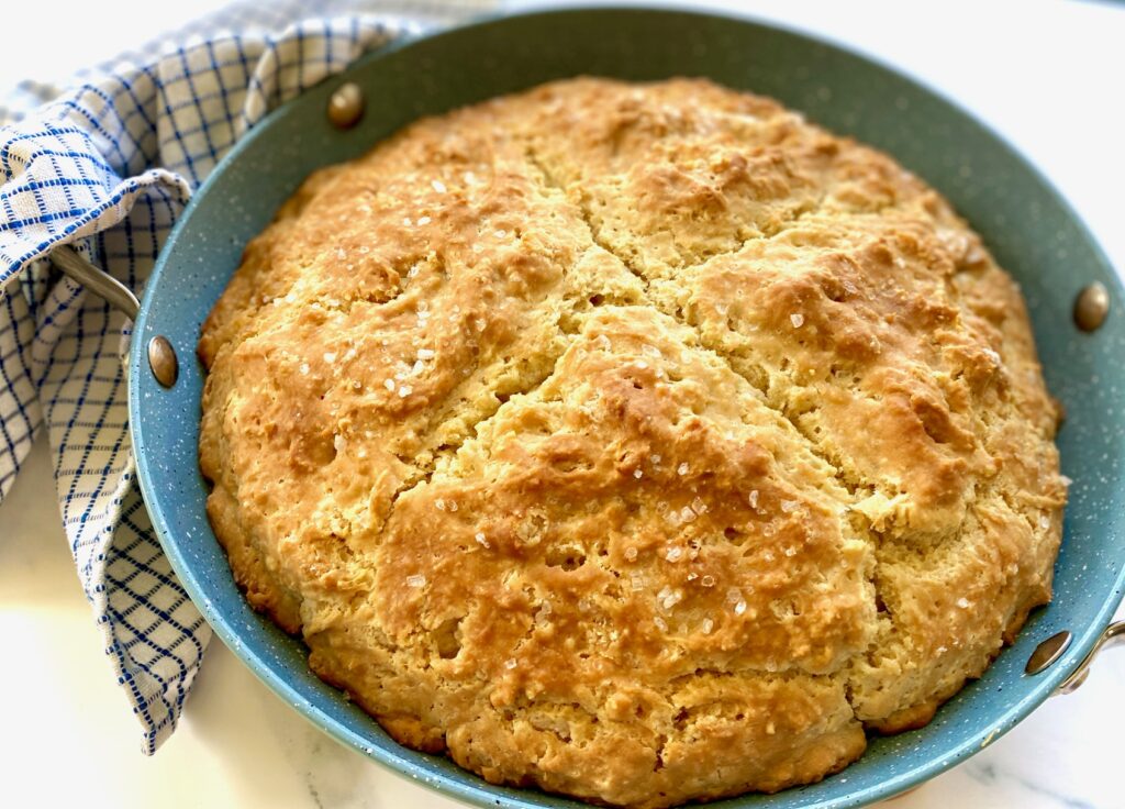 baked bread with blue napkin