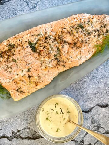 Baked Salmon and bowl of sauce