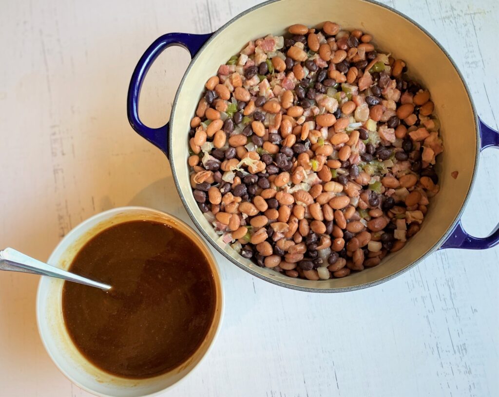pot of beans with sauce