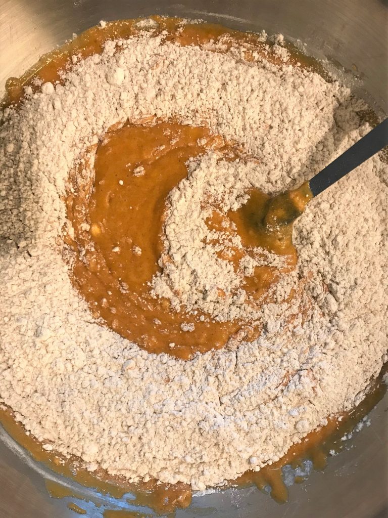 Blending slowly for Pumpkin Bread