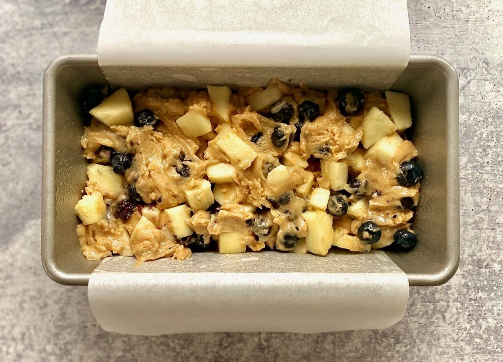 blueberry bread batter in pan uncooked