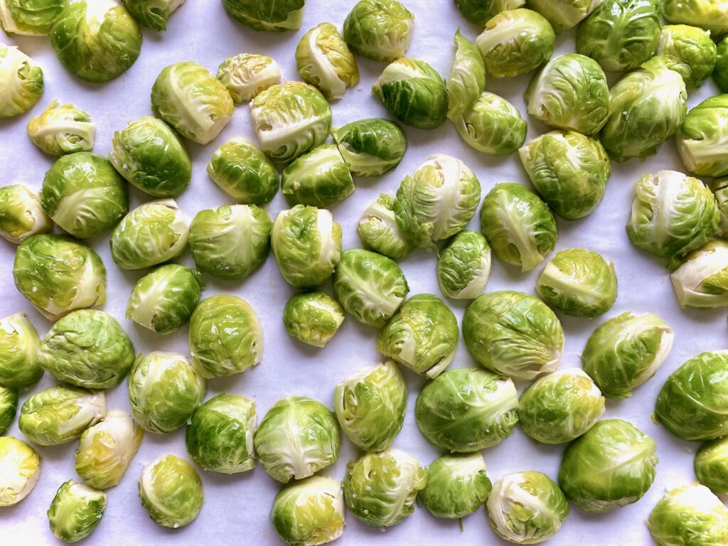 Brussels sprouts on tray uncooked