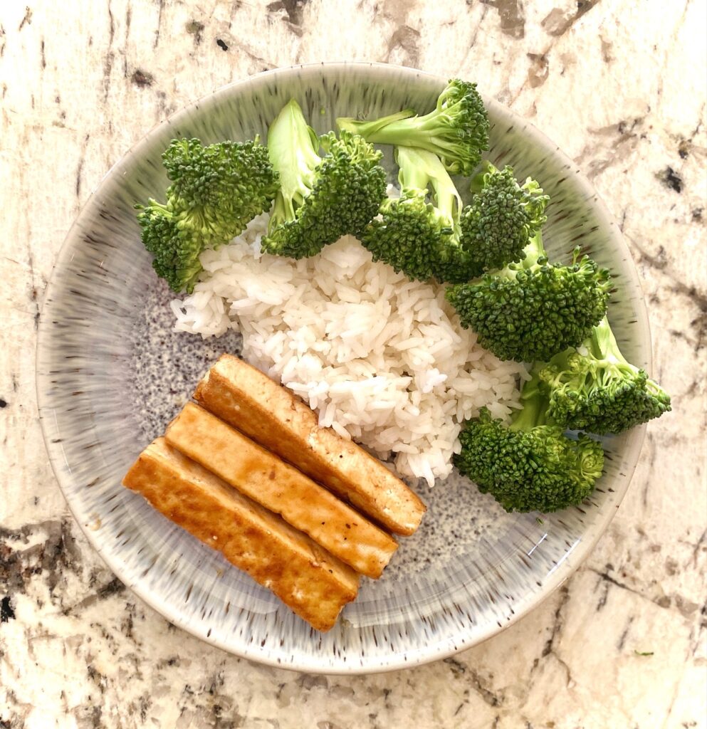 rice, broccoli and tofu in bowl