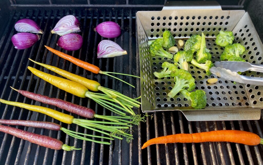 carrots, onion, broccoli on grill