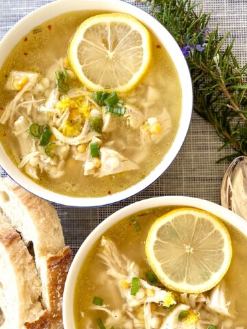 2 bowls of Greek Lemon Chicken Soup with bread