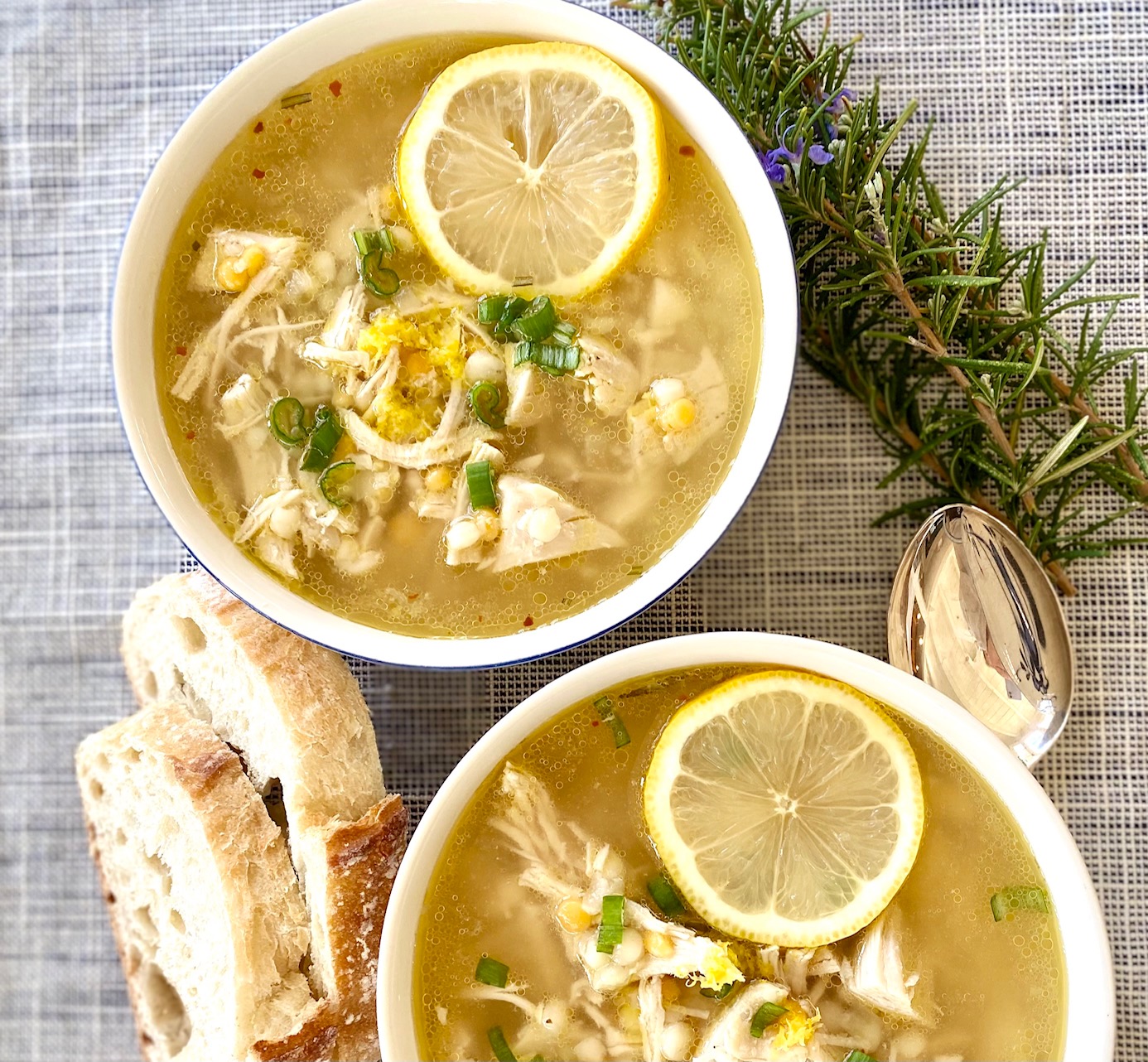 2 bowls of Greek Lemon Chicken Soup with bread