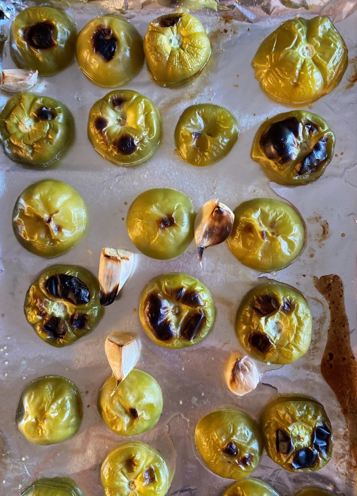 Roasted Tomatillo and Garlic Cloves