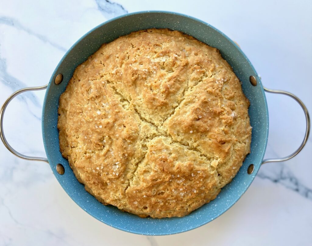 cooked bread in blue pan
