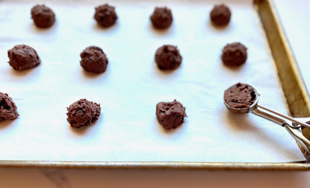 Dark Chocolate cookies on a sheet pan