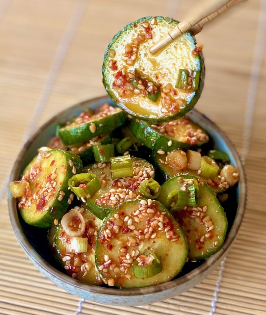 gochucaru cucumbers in a bowl
