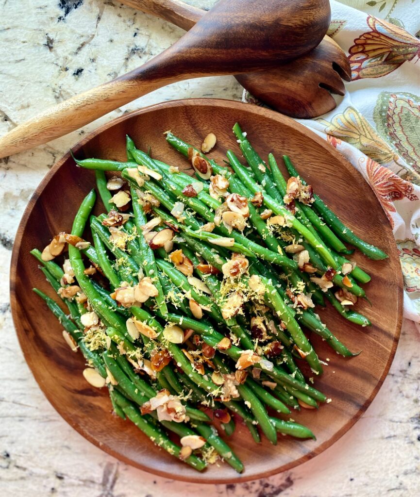 platter of green beans with almonds