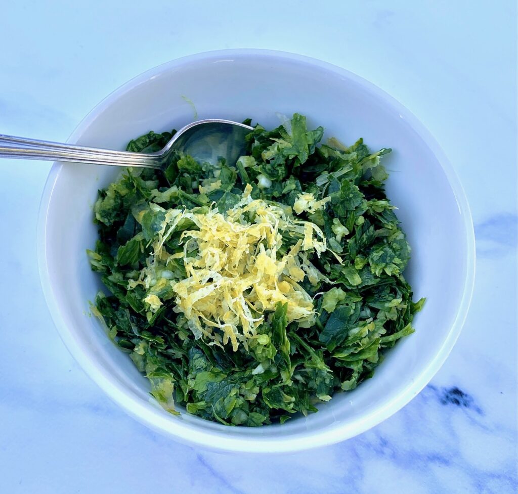 bowl of parsley, lemon zest and garlic