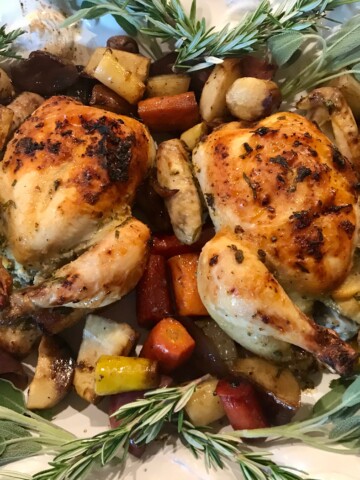 2 Game Hens on a plate with vegetables
