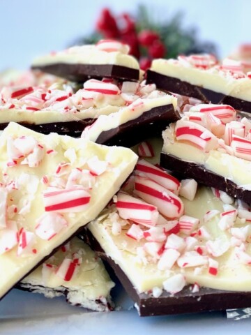 Stack of white and dark chocolate peppermint bark