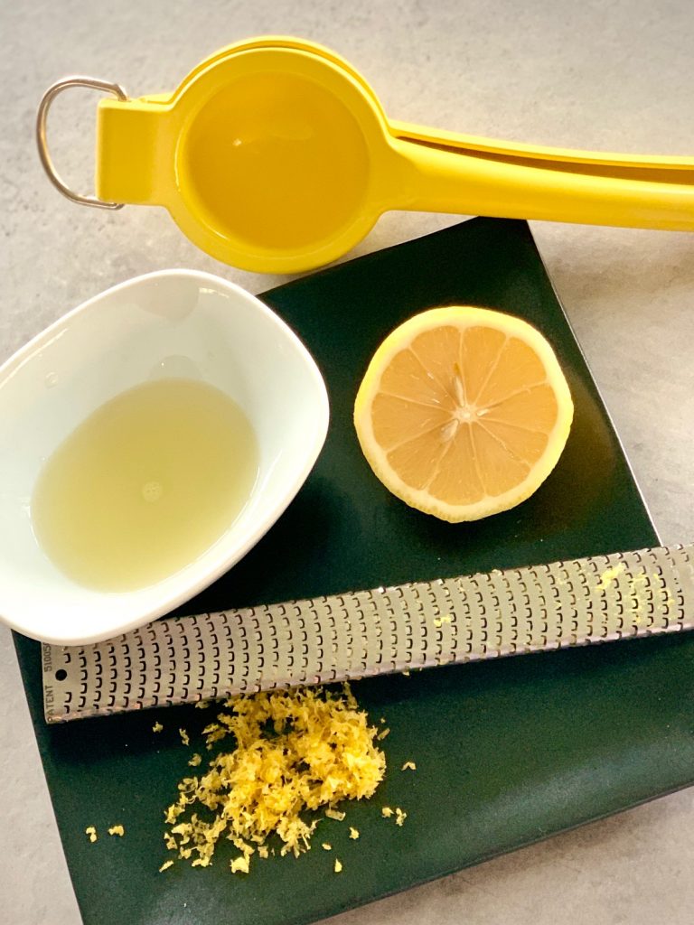 Lemon juice, lemon half, zest and zester
