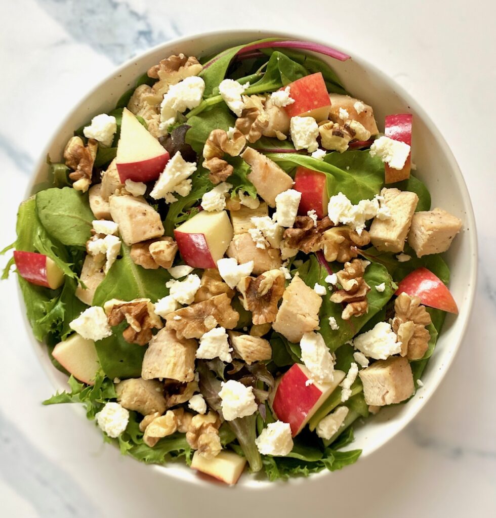 lettuce, apples, chicken, walnuts, feta
