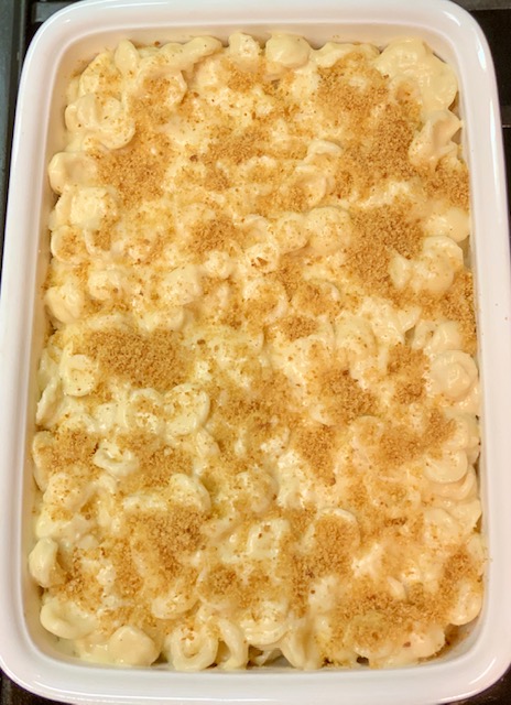 Mac n Cheese with breadcrumbs ready to bake