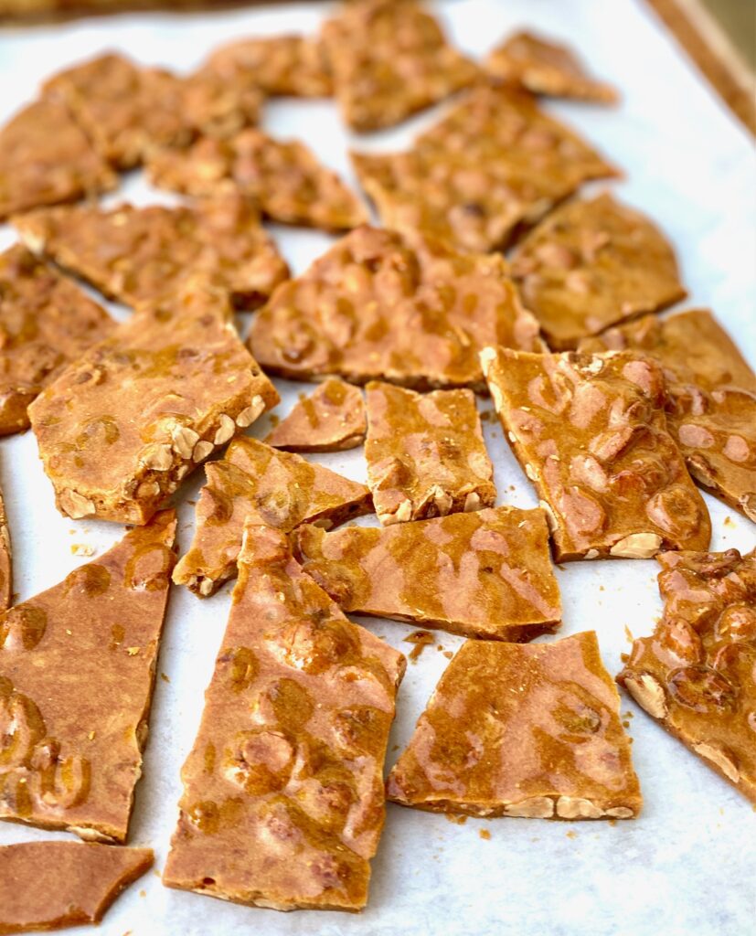 peanut brittle on a tray