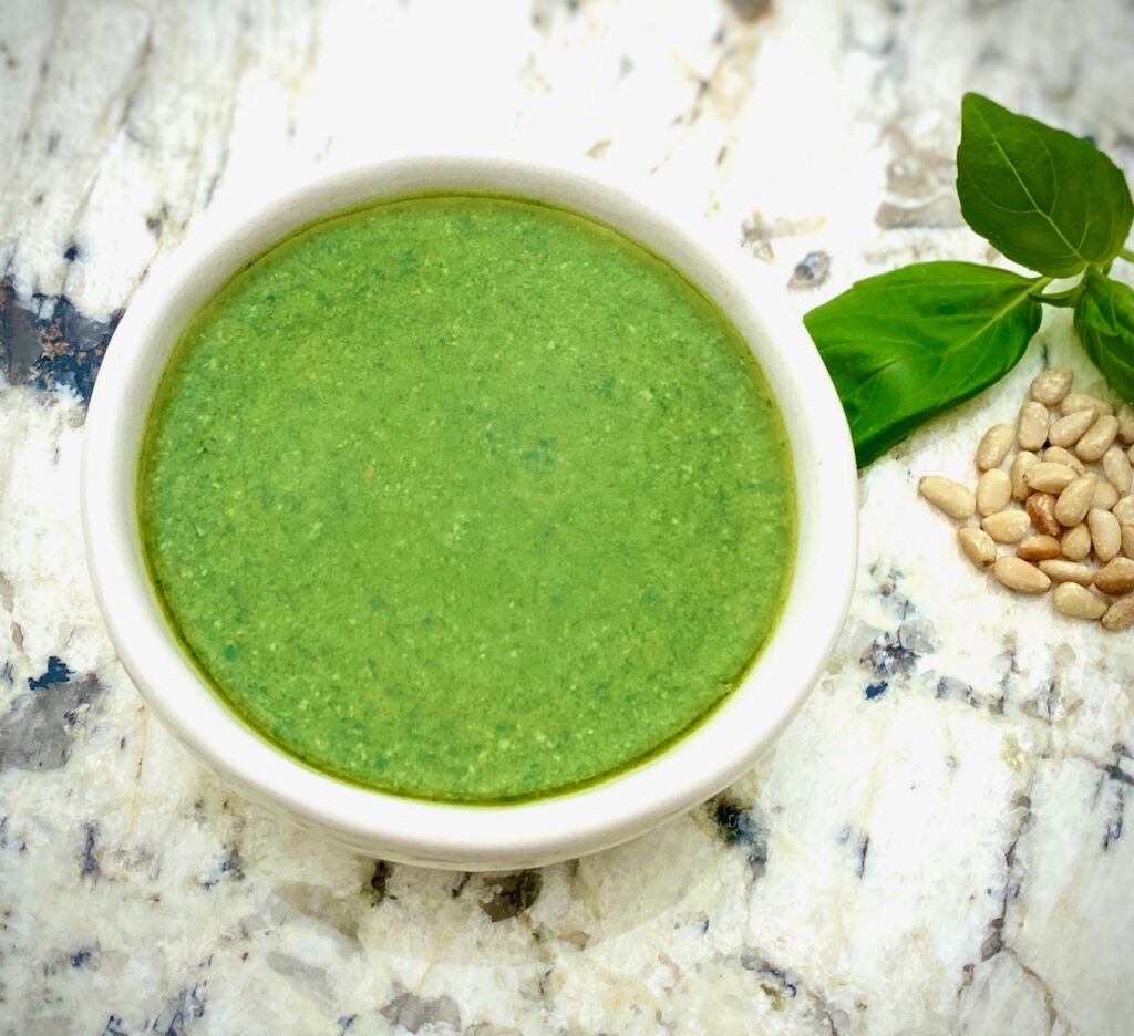 pesto sauce in white bowl