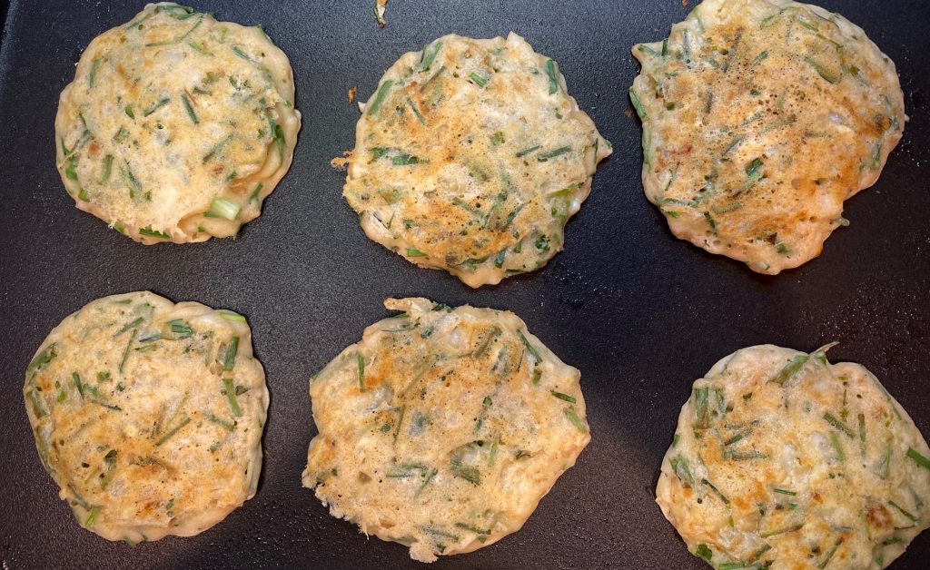 Korean Scallion Pancakes on griddle