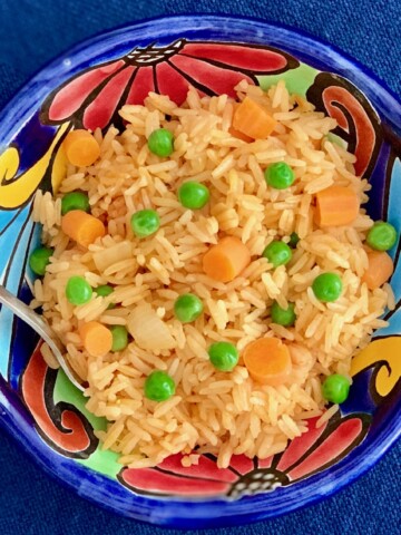 Spanish Rice in blue bowl