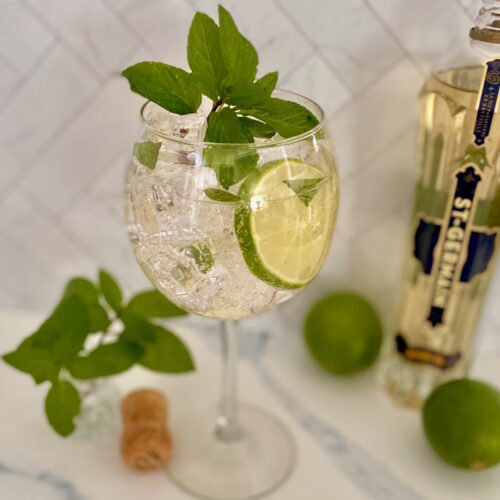 St Germain bottle and Hugo spritz