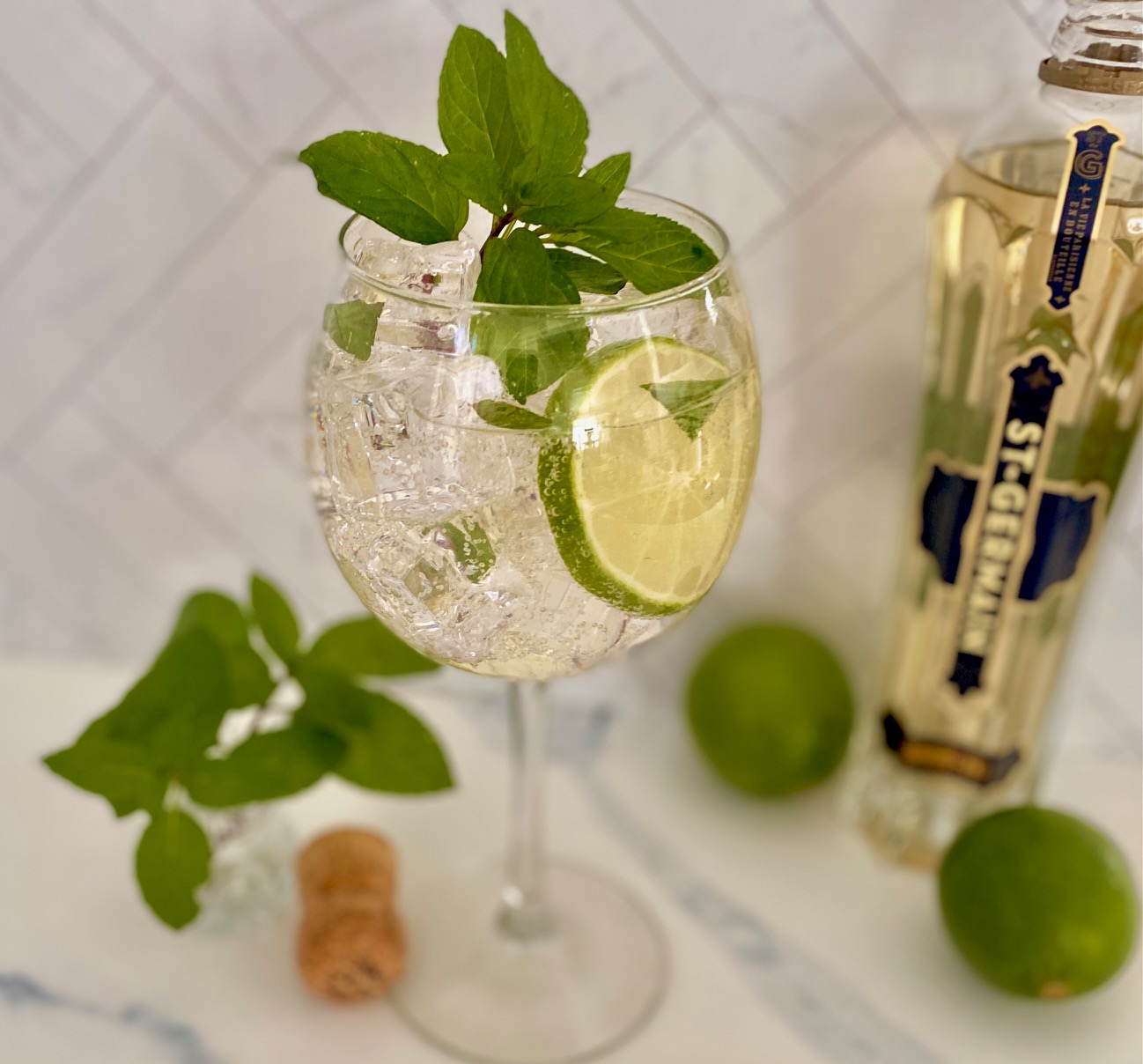 St Germain bottle and Hugo spritz