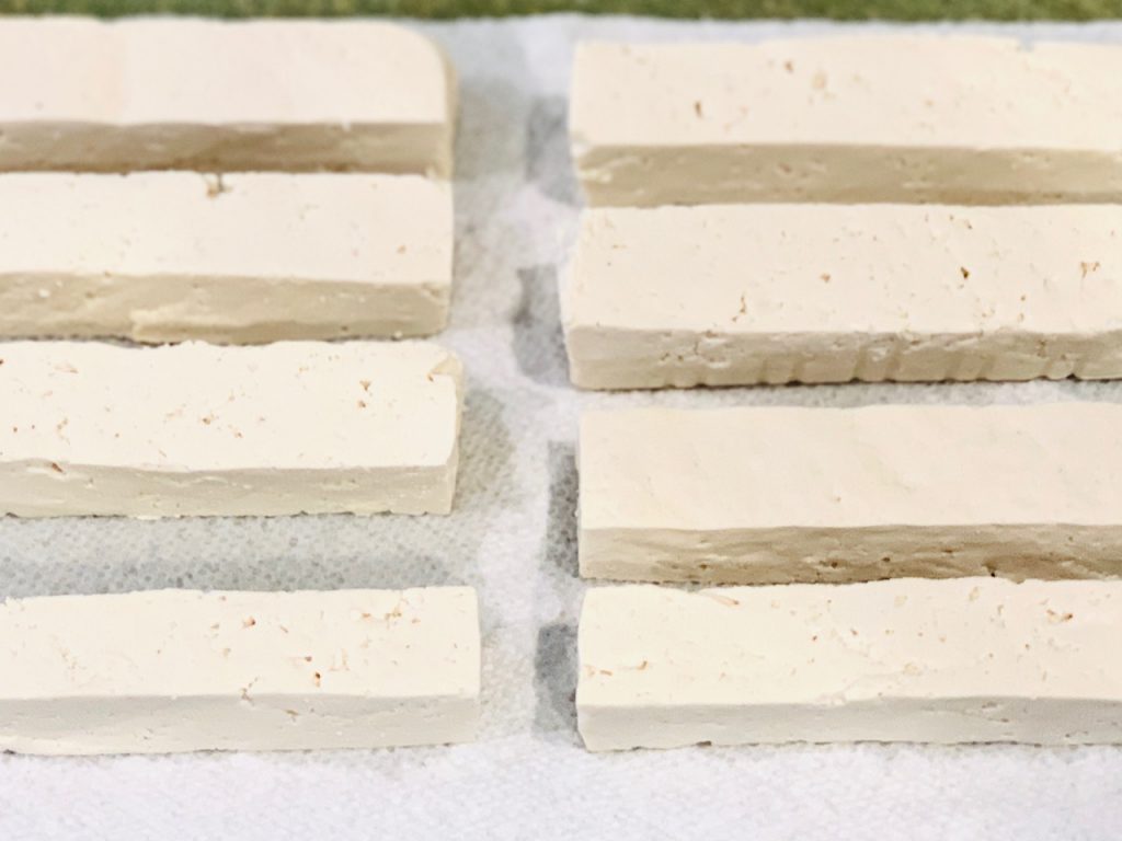 Tofu cut in rectangulal shapes