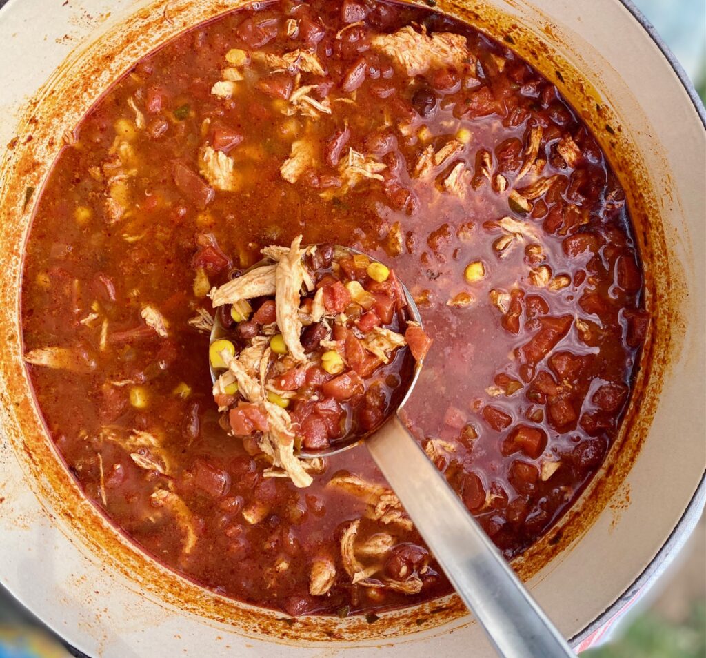a pan of chicken soup with tortilas
