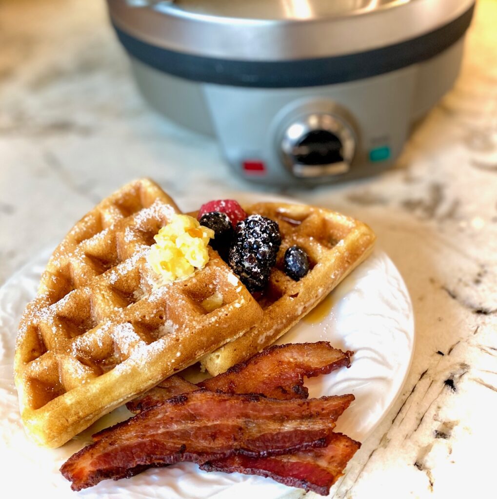 waffle iron, waffles, bacon and fruit