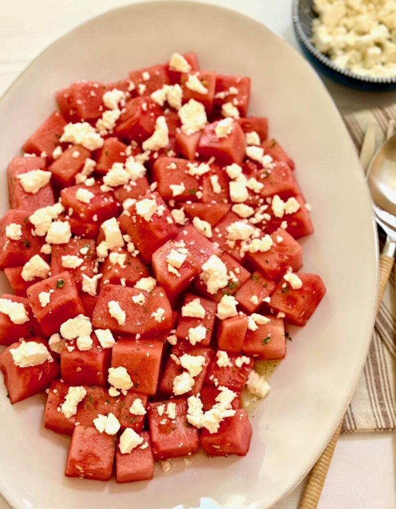 watermelon with feta on platter