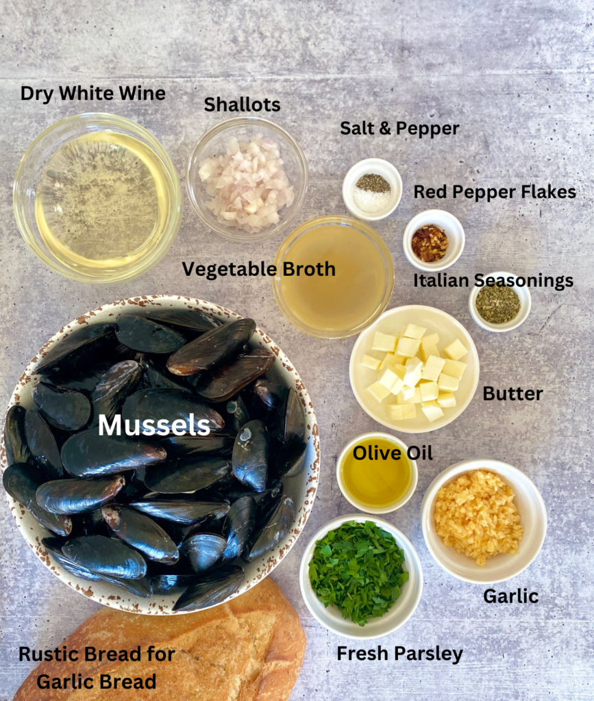 labeled ingredients for steamed mussels